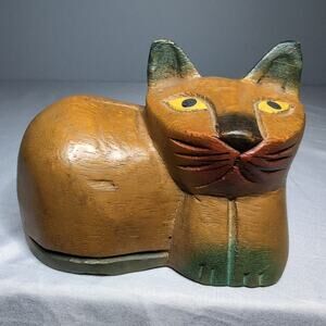 Folk Art Wooden Cat Carved Sculpture Chunky Painted Figurine